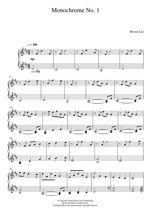 Preview Bowen Liu Monochrome No. 1 Classical sheet music, notes and chords for Piano, SKU: 123913 Monochrome No. 1 sheet music