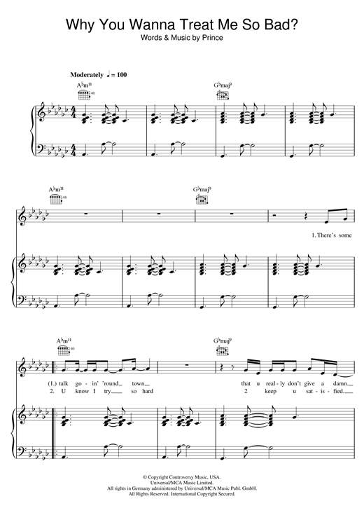 Preview Prince Why You Wanna Treat Me So Bad? Pop sheet music, notes and chords for Piano, Vocal & Guitar, SKU: 123930 Why You Wanna Treat Me So Bad? sheet music