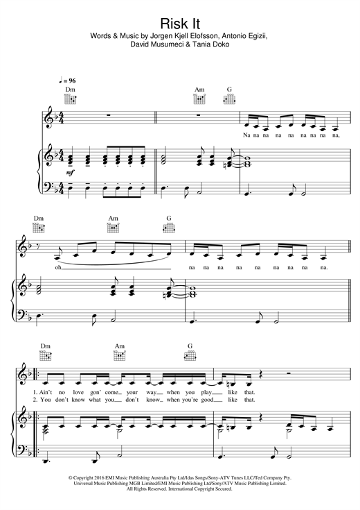 Preview Jessica Mauboy Risk It Pop sheet music, notes and chords for Piano, Vocal & Guitar (Right-Hand Melody), SKU: 123936 Risk It sheet music