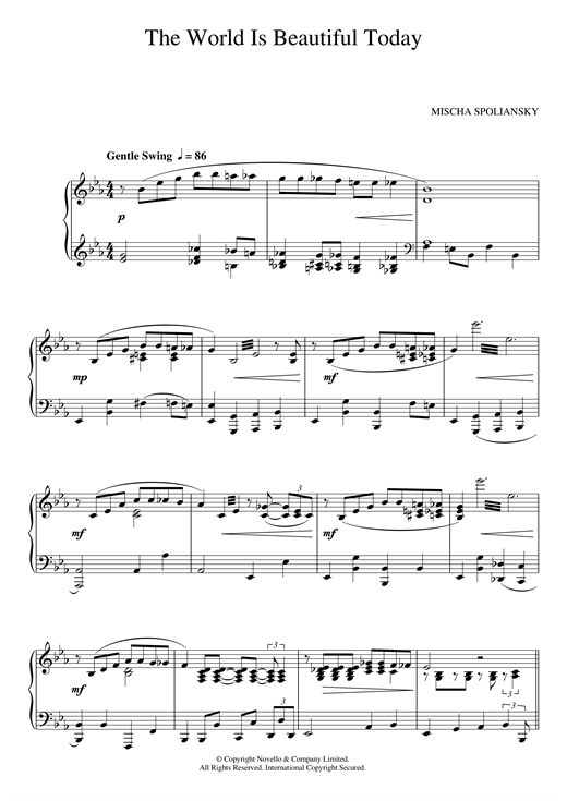 Preview Mischa Spoliansky The World Is Beautiful Today Jazz sheet music, notes and chords for Piano, SKU: 123954 sheet music, piano notes, chords, guitar tabs, score, transpose, transcribe, how to play, guide, download, learn, tutorial, progression, song, artist, awards, billboard, mtv, vh1, tour, single, album, release