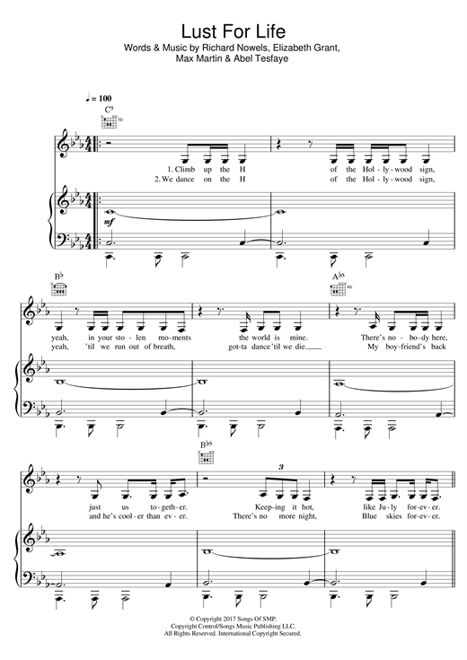 Preview Lana Del Rey Lust For Life (feat. The Weeknd) Pop sheet music, notes and chords for Piano, Vocal & Guitar (Right-Hand Melody), SKU: 124377 sheet music, piano notes, chords, guitar tabs, score, transpose, transcribe, how to play, guide, download, learn, tutorial, progression, song, artist, awards, billboard, mtv, vh1, tour, single, album, release