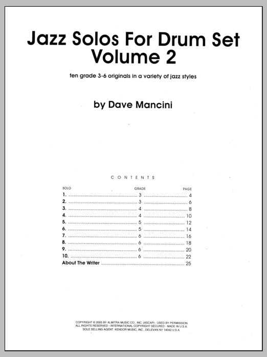 Preview Dave Mancini Jazz Solos For Drum Set, Volume 2 Unclassified sheet music, notes and chords for Percussion, SKU: 124888 sheet music, piano notes, chords, guitar tabs, score, transpose, transcribe, how to play, guide, download, learn, tutorial, progression, song, artist, awards, billboard, mtv, vh1, tour, single, album, release