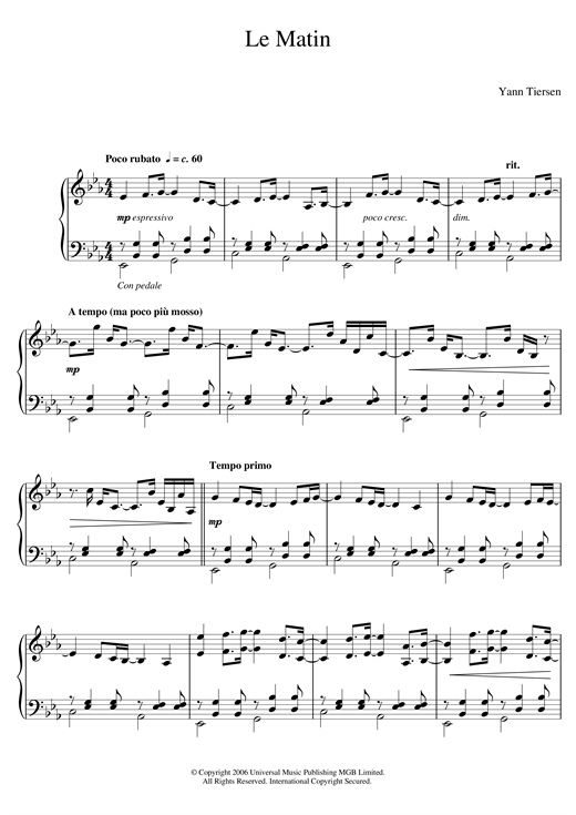 Yann Tiersen Le Matin Sheet Music Download Pdf Score 125246 Download for free in pdf / midi format, or print directly from our site. yann tiersen le matin sheet music notes chords download printable piano sku 125246
