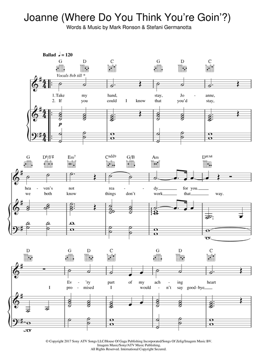 Lady Gaga Joanne Where Do You Think You Re Goin Piano Version Sheet Music Download Pdf Score