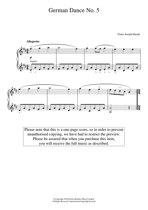 Preview Franz Joseph Haydn German Dance No. 5 Classical sheet music, notes and chords for Piano, SKU: 125661 sheet music, piano notes, chords, guitar tabs, score, transpose, transcribe, how to play, guide, download, learn, tutorial, progression, song, artist, awards, billboard, mtv, vh1, tour, single, album, release