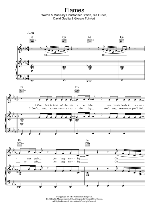 Preview David Guetta Flames Pop sheet music, notes and chords for Piano, Vocal & Guitar (Right-Hand Melody), SKU: 125718 sheet music, piano notes, chords, guitar tabs, score, transpose, transcribe, how to play, guide, download, learn, tutorial, progression, song, artist, awards, billboard, mtv, vh1, tour, single, album, release