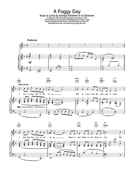 Preview Frank Sinatra A Foggy Day Jazz sheet music, notes and chords for Piano, Vocal & Guitar (Right-Hand Melody), SKU: 13622 sheet music, piano notes, chords, guitar tabs, score, transpose, transcribe, how to play, guide, download, learn, tutorial, progression, song, artist, awards, billboard, mtv, vh1, tour, single, album, release