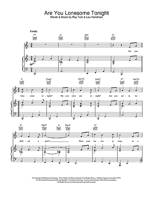Preview Elvis Presley Are You Lonesome Tonight Pop sheet music, notes and chords for Piano, Vocal & Guitar (Right-Hand Melody), SKU: 13631 Are You Lonesome Tonight sheet music