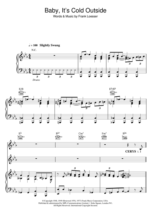 Preview Tom Jones & Cerys Matthews Baby, It's Cold Outside Pop sheet music, notes and chords for Piano, Vocal & Guitar, SKU: 13633 sheet music, piano notes, chords, guitar tabs, score, transpose, transcribe, how to play, guide, download, learn, tutorial, progression, song, artist, awards, billboard, mtv, vh1, tour, single, album, release