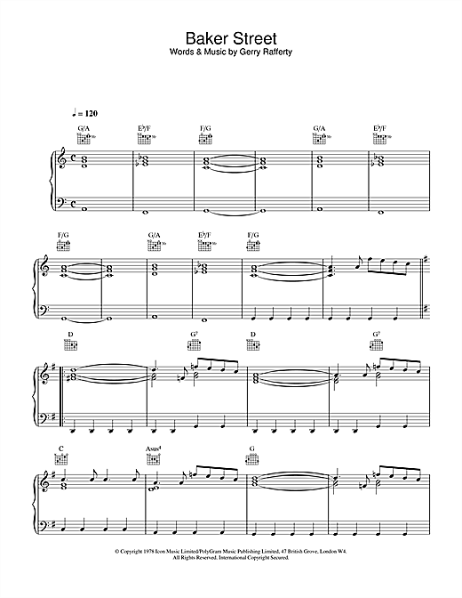 Preview Gerry Rafferty Baker Street Rock sheet music, notes and chords for Piano, Vocal & Guitar (Right-Hand Melody), SKU: 13636 sheet music, piano notes, chords, guitar tabs, score, transpose, transcribe, how to play, guide, download, learn, tutorial, progression, song, artist, awards, billboard, mtv, vh1, tour, single, album, release