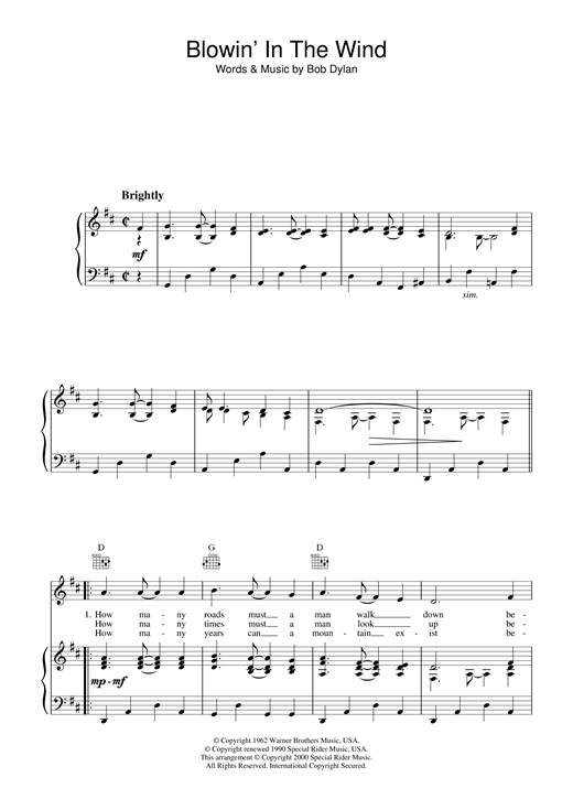 Preview Bob Dylan Blowin' In The Wind Rock sheet music, notes and chords for Piano, Vocal & Guitar (Right-Hand Melody), SKU: 13637 sheet music, piano notes, chords, guitar tabs, score, transpose, transcribe, how to play, guide, download, learn, tutorial, progression, song, artist, awards, billboard, mtv, vh1, tour, single, album, release