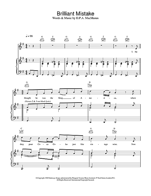 Preview Elvis Costello Brilliant Mistake Rock sheet music, notes and chords for Piano, Vocal & Guitar (Right-Hand Melody), SKU: 13640 Brilliant Mistake sheet music