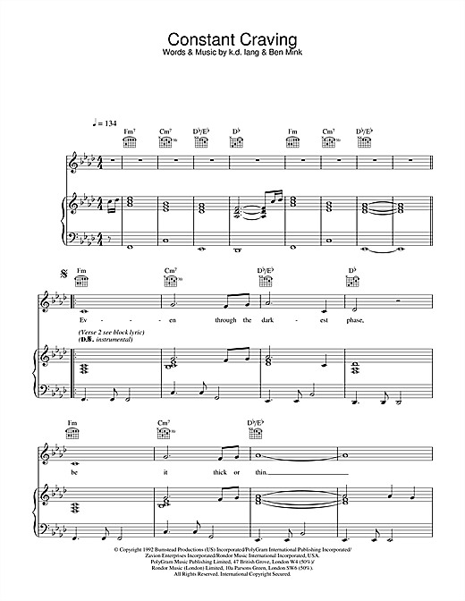 Preview K.D. Lang Constant Craving Rock sheet music, notes and chords for Piano, Vocal & Guitar (Right-Hand Melody), SKU: 13643 sheet music, piano notes, chords, guitar tabs, score, transpose, transcribe, how to play, guide, download, learn, tutorial, progression, song, artist, awards, billboard, mtv, vh1, tour, single, album, release