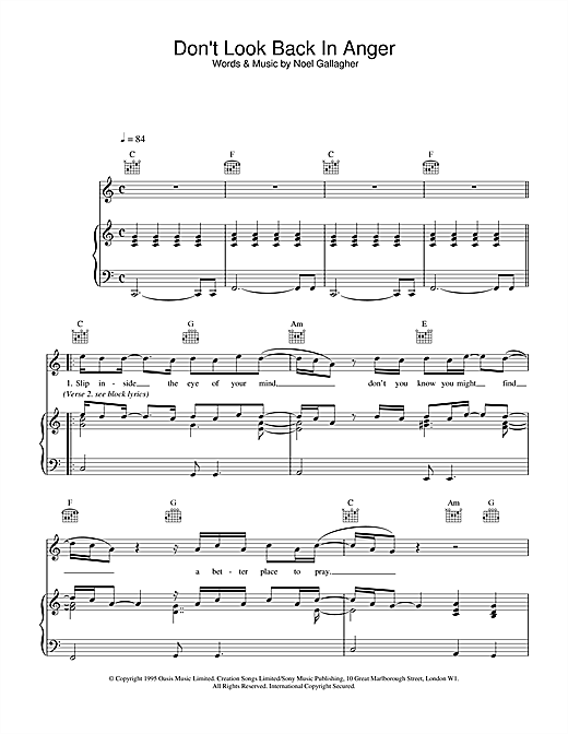 Preview Oasis Don't Look Back In Anger Pop sheet music, notes and chords for Piano, Vocal & Guitar (Right-Hand Melody), SKU: 13648 sheet music, piano notes, chords, guitar tabs, score, transpose, transcribe, how to play, guide, download, learn, tutorial, progression, song, artist, awards, billboard, mtv, vh1, tour, single, album, release