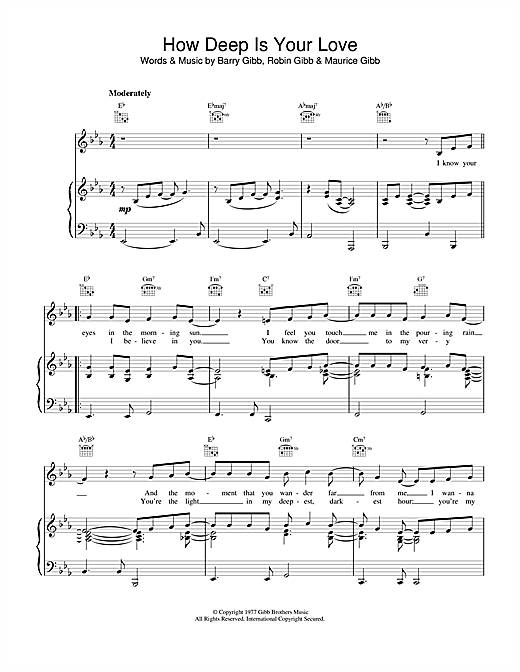 Preview Bee Gees How Deep Is Your Love Pop sheet music, notes and chords for Piano, Vocal & Guitar (Right-Hand Melody), SKU: 13670 sheet music, piano notes, chords, guitar tabs, score, transpose, transcribe, how to play, guide, download, learn, tutorial, progression, song, artist, awards, billboard, mtv, vh1, tour, single, album, release
