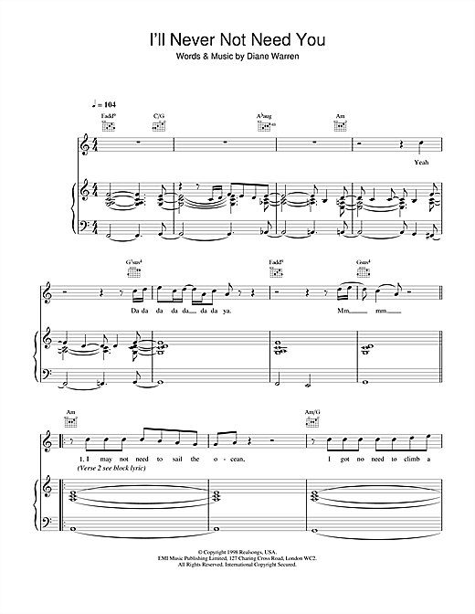 Preview Boyzone I'll Never Not Need You Pop sheet music, notes and chords for Piano, Vocal & Guitar, SKU: 13679 sheet music, piano notes, chords, guitar tabs, score, transpose, transcribe, how to play, guide, download, learn, tutorial, progression, song, artist, awards, billboard, mtv, vh1, tour, single, album, release
