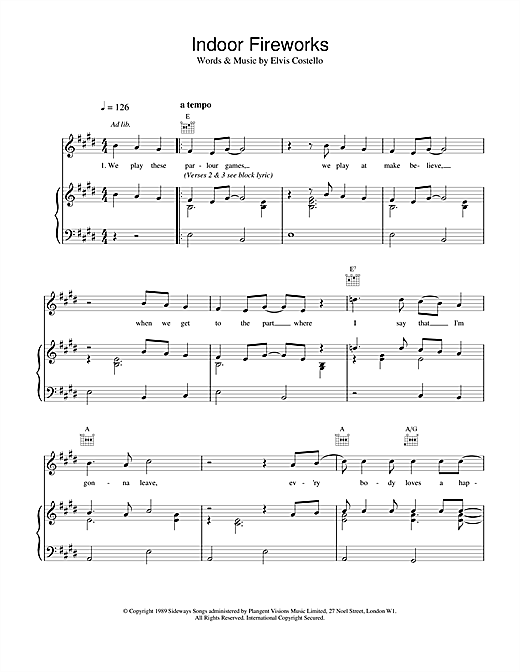 Preview Elvis Costello Indoor Fireworks Rock sheet music, notes and chords for Piano, Vocal & Guitar (Right-Hand Melody), SKU: 13681 sheet music, piano notes, chords, guitar tabs, score, transpose, transcribe, how to play, guide, download, learn, tutorial, progression, song, artist, awards, billboard, mtv, vh1, tour, single, album, release