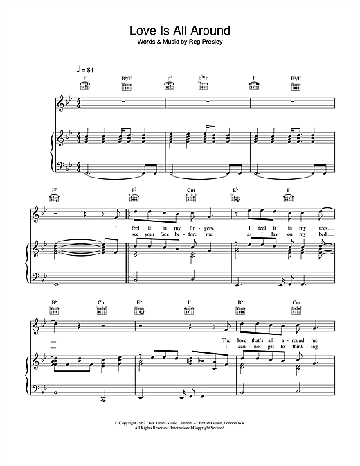 Preview Wet Wet Wet Love Is All Around Pop sheet music, notes and chords for Piano, Vocal & Guitar (Right-Hand Melody), SKU: 13696 sheet music, piano notes, chords, guitar tabs, score, transpose, transcribe, how to play, guide, download, learn, tutorial, progression, song, artist, awards, billboard, mtv, vh1, tour, single, album, release