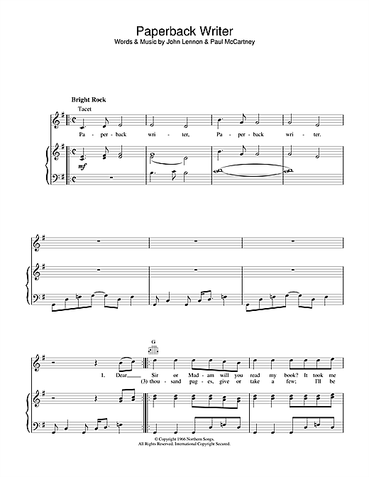 Preview The Beatles Paperback Writer Rock sheet music, notes and chords for Piano, Vocal & Guitar (Right-Hand Melody), SKU: 13710 sheet music, piano notes, chords, guitar tabs, score, transpose, transcribe, how to play, guide, download, learn, tutorial, progression, song, artist, awards, billboard, mtv, vh1, tour, single, album, release
