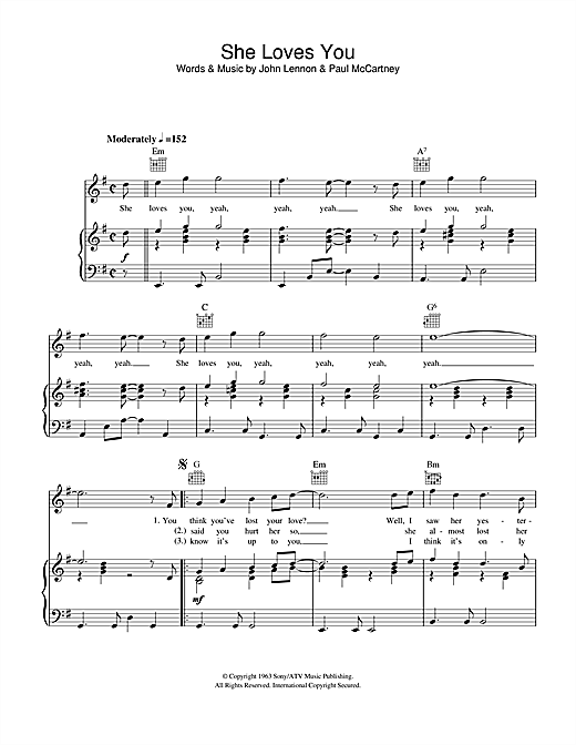 Preview The Beatles She Loves You Rock sheet music, notes and chords for Piano, Vocal & Guitar (Right-Hand Melody), SKU: 13718 sheet music, piano notes, chords, guitar tabs, score, transpose, transcribe, how to play, guide, download, learn, tutorial, progression, song, artist, awards, billboard, mtv, vh1, tour, single, album, release