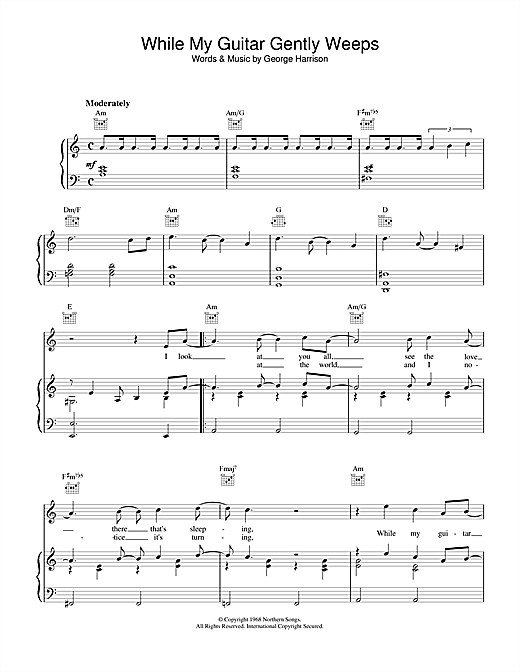 Preview The Beatles While My Guitar Gently Weeps Rock sheet music, notes and chords for Piano, Vocal & Guitar (Right-Hand Melody), SKU: 13745 sheet music, piano notes, chords, guitar tabs, score, transpose, transcribe, how to play, guide, download, learn, tutorial, progression, song, artist, awards, billboard, mtv, vh1, tour, single, album, release
