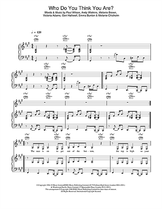 Preview The Spice Girls Who Do You Think You Are Pop sheet music, notes and chords for Piano, Vocal & Guitar (Right-Hand Melody), SKU: 13746 Who Do You Think You Are sheet music
