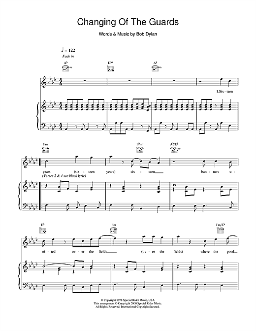 Preview Bob Dylan Changing Of The Guards Rock sheet music, notes and chords for Piano, Vocal & Guitar, SKU: 13755 sheet music, piano notes, chords, guitar tabs, score, transpose, transcribe, how to play, guide, download, learn, tutorial, progression, song, artist, awards, billboard, mtv, vh1, tour, single, album, release