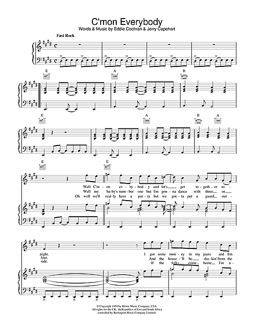 Preview Eddie Cochran C'mon Everybody Rock N Roll sheet music, notes and chords for Piano, Vocal & Guitar (Right-Hand Melody), SKU: 13756 sheet music, piano notes, chords, guitar tabs, score, transpose, transcribe, how to play, guide, download, learn, tutorial, progression, song, artist, awards, billboard, mtv, vh1, tour, single, album, release