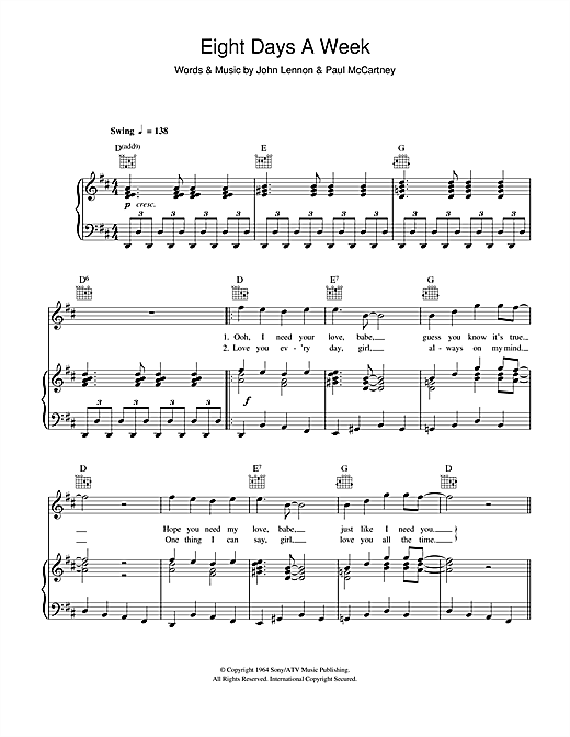 Preview The Beatles Eight Days A Week Rock sheet music, notes and chords for Piano, Vocal & Guitar (Right-Hand Melody), SKU: 13765 sheet music, piano notes, chords, guitar tabs, score, transpose, transcribe, how to play, guide, download, learn, tutorial, progression, song, artist, awards, billboard, mtv, vh1, tour, single, album, release