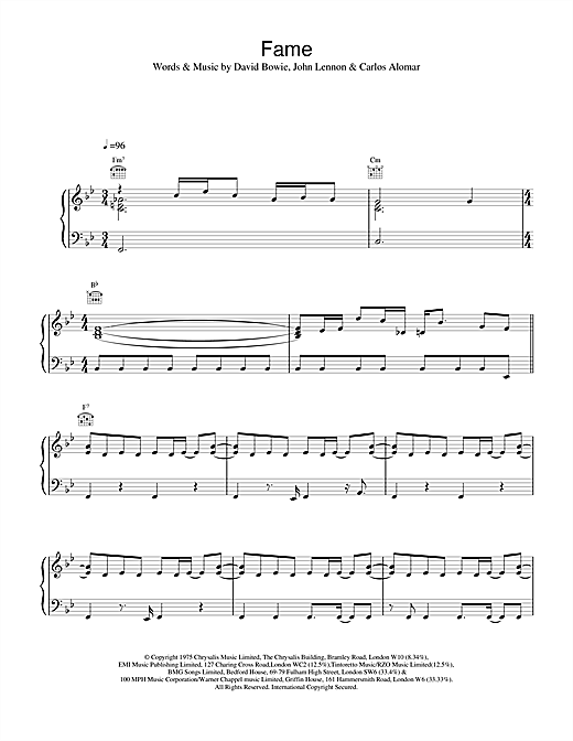 Preview David Bowie Fame Rock sheet music, notes and chords for Piano, Vocal & Guitar, SKU: 13769 sheet music, piano notes, chords, guitar tabs, score, transpose, transcribe, how to play, guide, download, learn, tutorial, progression, song, artist, awards, billboard, mtv, vh1, tour, single, album, release