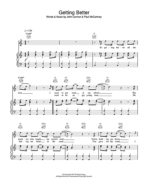 Preview The Beatles Getting Better Rock sheet music, notes and chords for Piano, Vocal & Guitar (Right-Hand Melody), SKU: 13781 sheet music, piano notes, chords, guitar tabs, score, transpose, transcribe, how to play, guide, download, learn, tutorial, progression, song, artist, awards, billboard, mtv, vh1, tour, single, album, release