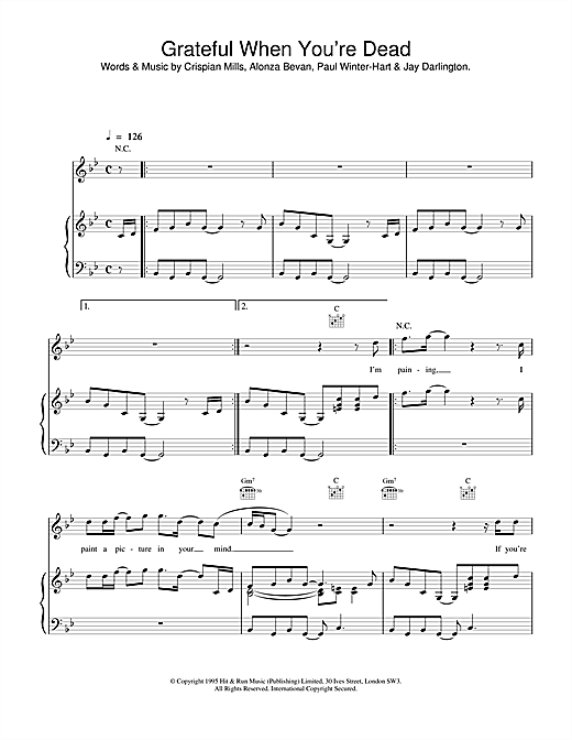 Preview Kula Shaker Grateful When You're Dead Rock sheet music, notes and chords for Piano, Vocal & Guitar (Right-Hand Melody), SKU: 13785 Grateful When You're Dead sheet music