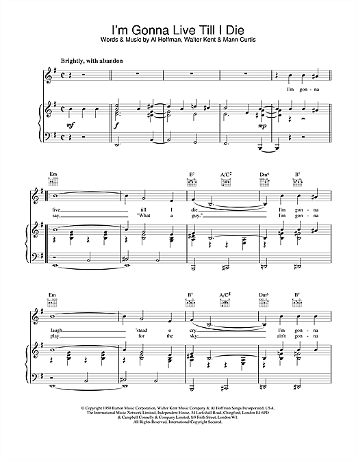 Preview Frank Sinatra I'm Gonna Live Till I Die Jazz sheet music, notes and chords for Piano, Vocal & Guitar (Right-Hand Melody), SKU: 13794 sheet music, piano notes, chords, guitar tabs, score, transpose, transcribe, how to play, guide, download, learn, tutorial, progression, song, artist, awards, billboard, mtv, vh1, tour, single, album, release