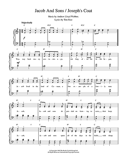 Preview Andrew Lloyd Webber Jacob And Sons / Joseph's Coat (from Joseph And The Amazing Technicolor Dreamcoat) Musicals sheet music, notes and chords for Piano, Vocal & Guitar (Right-Hand Melody), SKU: 13801 sheet music, piano notes, chords, guitar tabs, score, transpose, transcribe, how to play, guide, download, learn, tutorial, progression, song, artist, awards, billboard, mtv, vh1, tour, single, album, release