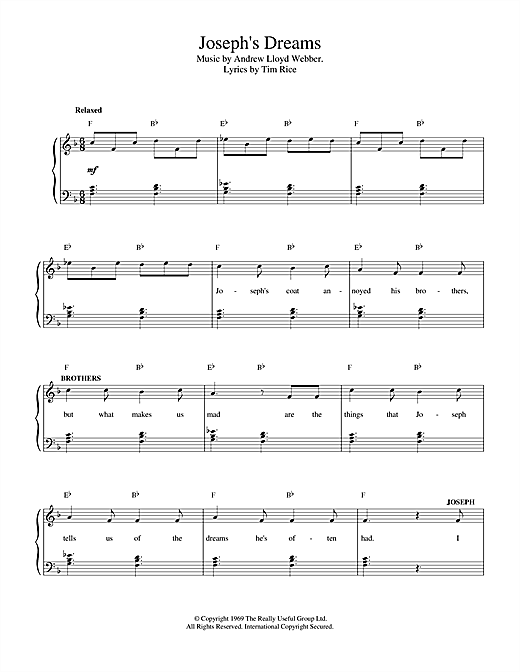 Preview Andrew Lloyd Webber Joseph's Dreams (from Joseph And The Amazing Technicolor Dreamcoat) Musicals sheet music, notes and chords for Piano, Vocal & Guitar (Right-Hand Melody), SKU: 13807 sheet music, piano notes, chords, guitar tabs, score, transpose, transcribe, how to play, guide, download, learn, tutorial, progression, song, artist, awards, billboard, mtv, vh1, tour, single, album, release
