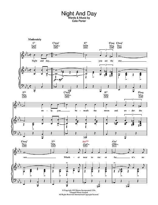Preview Frank Sinatra Night And Day Jazz sheet music, notes and chords for Piano, Vocal & Guitar (Right-Hand Melody), SKU: 13828 sheet music, piano notes, chords, guitar tabs, score, transpose, transcribe, how to play, guide, download, learn, tutorial, progression, song, artist, awards, billboard, mtv, vh1, tour, single, album, release