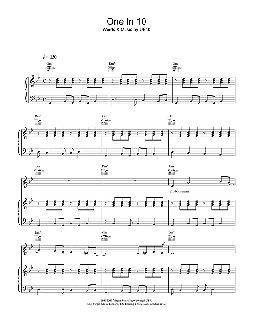 Preview UB40 One In 10 Pop sheet music, notes and chords for Piano, Vocal & Guitar (Right-Hand Melody), SKU: 13835 One In 10 sheet music