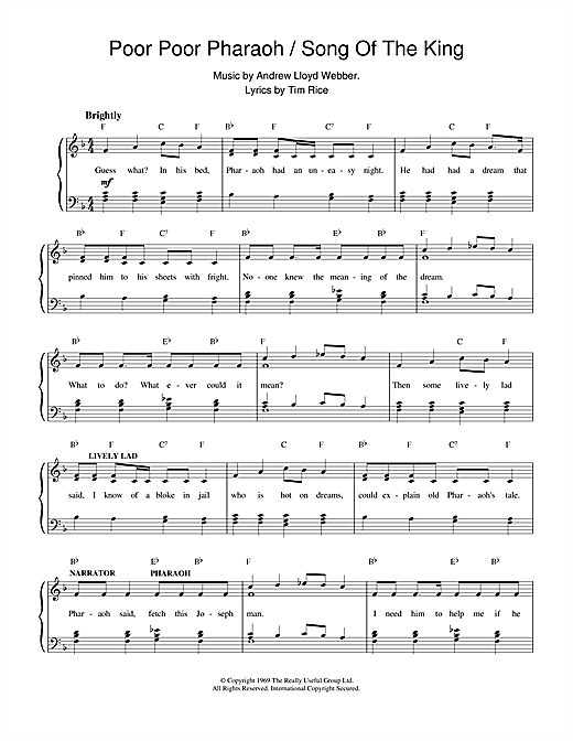 Preview Andrew Lloyd Webber Poor Poor Pharaoh / Song Of The King (from Joseph And The Amazing Technicolor Dreamcoat) Musicals sheet music, notes and chords for Piano, Vocal & Guitar (Right-Hand Melody), SKU: 13839 sheet music, piano notes, chords, guitar tabs, score, transpose, transcribe, how to play, guide, download, learn, tutorial, progression, song, artist, awards, billboard, mtv, vh1, tour, single, album, release