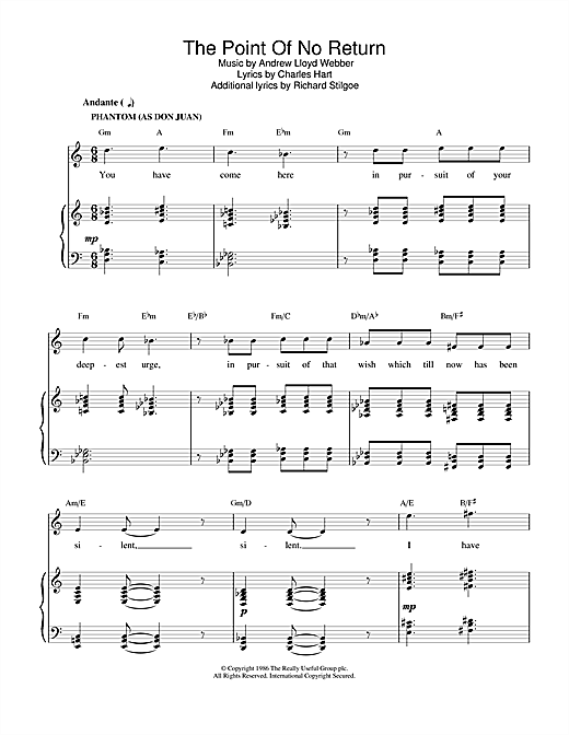 Preview Andrew Lloyd Webber The Point Of No Return (from The Phantom Of The Opera) Musicals sheet music, notes and chords for Piano, Vocal & Guitar (Right-Hand Melody), SKU: 13842 sheet music, piano notes, chords, guitar tabs, score, transpose, transcribe, how to play, guide, download, learn, tutorial, progression, song, artist, awards, billboard, mtv, vh1, tour, single, album, release