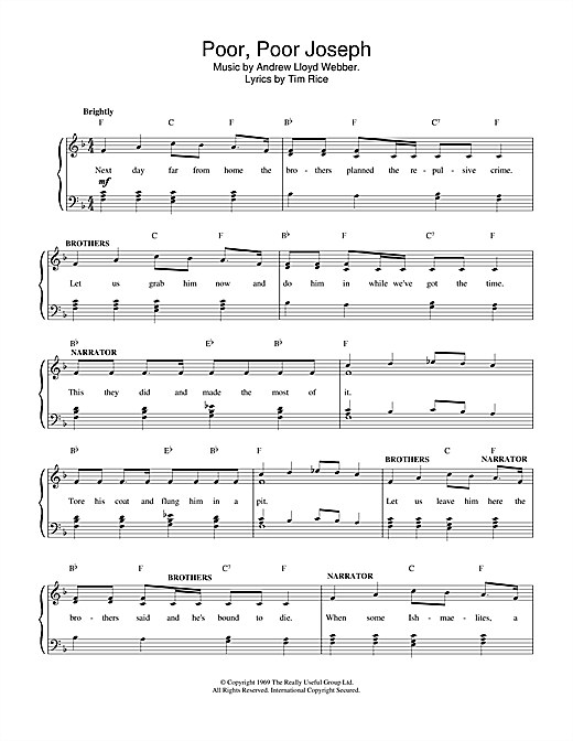 Preview Andrew Lloyd Webber Poor Poor Joseph (from Joseph And The Amazing Technicolor Dreamcoat) Musicals sheet music, notes and chords for Piano, Vocal & Guitar (Right-Hand Melody), SKU: 13843 sheet music, piano notes, chords, guitar tabs, score, transpose, transcribe, how to play, guide, download, learn, tutorial, progression, song, artist, awards, billboard, mtv, vh1, tour, single, album, release