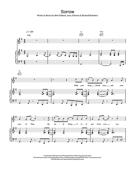 Preview David Bowie Sorrow Rock sheet music, notes and chords for Piano, Vocal & Guitar, SKU: 13854 sheet music, piano notes, chords, guitar tabs, score, transpose, transcribe, how to play, guide, download, learn, tutorial, progression, song, artist, awards, billboard, mtv, vh1, tour, single, album, release
