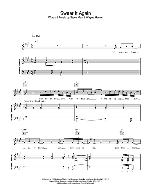Preview Westlife Swear It Again Pop sheet music, notes and chords for Piano, Vocal & Guitar, SKU: 13861 sheet music, piano notes, chords, guitar tabs, score, transpose, transcribe, how to play, guide, download, learn, tutorial, progression, song, artist, awards, billboard, mtv, vh1, tour, single, album, release