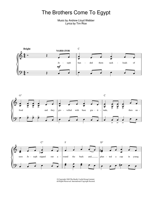Preview Andrew Lloyd Webber The Brothers Come To Egypt Musicals sheet music, notes and chords for Piano, Vocal & Guitar (Right-Hand Melody), SKU: 13864 sheet music, piano notes, chords, guitar tabs, score, transpose, transcribe, how to play, guide, download, learn, tutorial, progression, song, artist, awards, billboard, mtv, vh1, tour, single, album, release