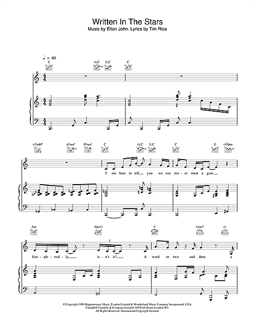 Preview Elton John Written In The Stars (from Aida) Rock sheet music, notes and chords for Piano, Vocal & Guitar, SKU: 13881 sheet music, piano notes, chords, guitar tabs, score, transpose, transcribe, how to play, guide, download, learn, tutorial, progression, song, artist, awards, billboard, mtv, vh1, tour, single, album, release