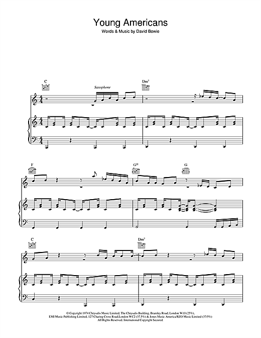 Preview David Bowie Young Americans Rock sheet music, notes and chords for Piano, Vocal & Guitar, SKU: 13883 sheet music, piano notes, chords, guitar tabs, score, transpose, transcribe, how to play, guide, download, learn, tutorial, progression, song, artist, awards, billboard, mtv, vh1, tour, single, album, release