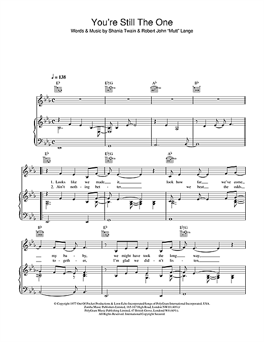 Preview Shania Twain You're Still The One Pop sheet music, notes and chords for Piano, Vocal & Guitar (Right-Hand Melody), SKU: 13887 sheet music, piano notes, chords, guitar tabs, score, transpose, transcribe, how to play, guide, download, learn, tutorial, progression, song, artist, awards, billboard, mtv, vh1, tour, single, album, release