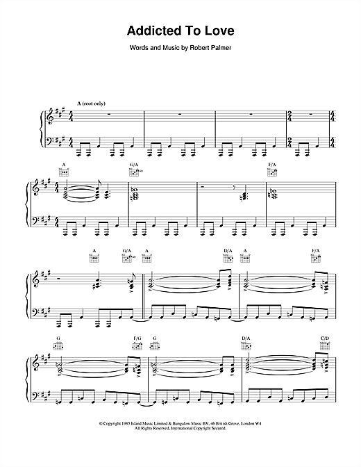 Preview Robert Palmer Addicted To Love Rock sheet music, notes and chords for Piano, Vocal & Guitar, SKU: 13892 sheet music, piano notes, chords, guitar tabs, score, transpose, transcribe, how to play, guide, download, learn, tutorial, progression, song, artist, awards, billboard, mtv, vh1, tour, single, album, release