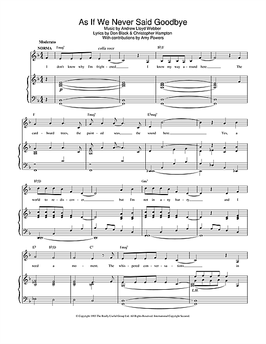 Preview Andrew Lloyd Webber As If We Never Said Goodbye (from Sunset Boulevard) Musicals sheet music, notes and chords for Piano, Vocal & Guitar (Right-Hand Melody), SKU: 13898 sheet music, piano notes, chords, guitar tabs, score, transpose, transcribe, how to play, guide, download, learn, tutorial, progression, song, artist, awards, billboard, mtv, vh1, tour, single, album, release