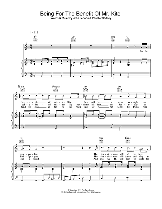 Preview The Beatles Being For The Benefit Of Mr. Kite Rock sheet music, notes and chords for Piano, Vocal & Guitar (Right-Hand Melody), SKU: 13903 sheet music, piano notes, chords, guitar tabs, score, transpose, transcribe, how to play, guide, download, learn, tutorial, progression, song, artist, awards, billboard, mtv, vh1, tour, single, album, release