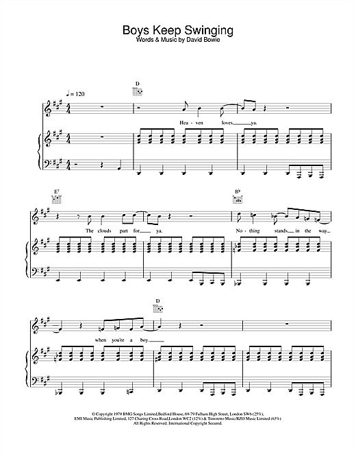 Preview David Bowie Boys Keep Swinging Rock sheet music, notes and chords for Piano, Vocal & Guitar, SKU: 13909 sheet music, piano notes, chords, guitar tabs, score, transpose, transcribe, how to play, guide, download, learn, tutorial, progression, song, artist, awards, billboard, mtv, vh1, tour, single, album, release